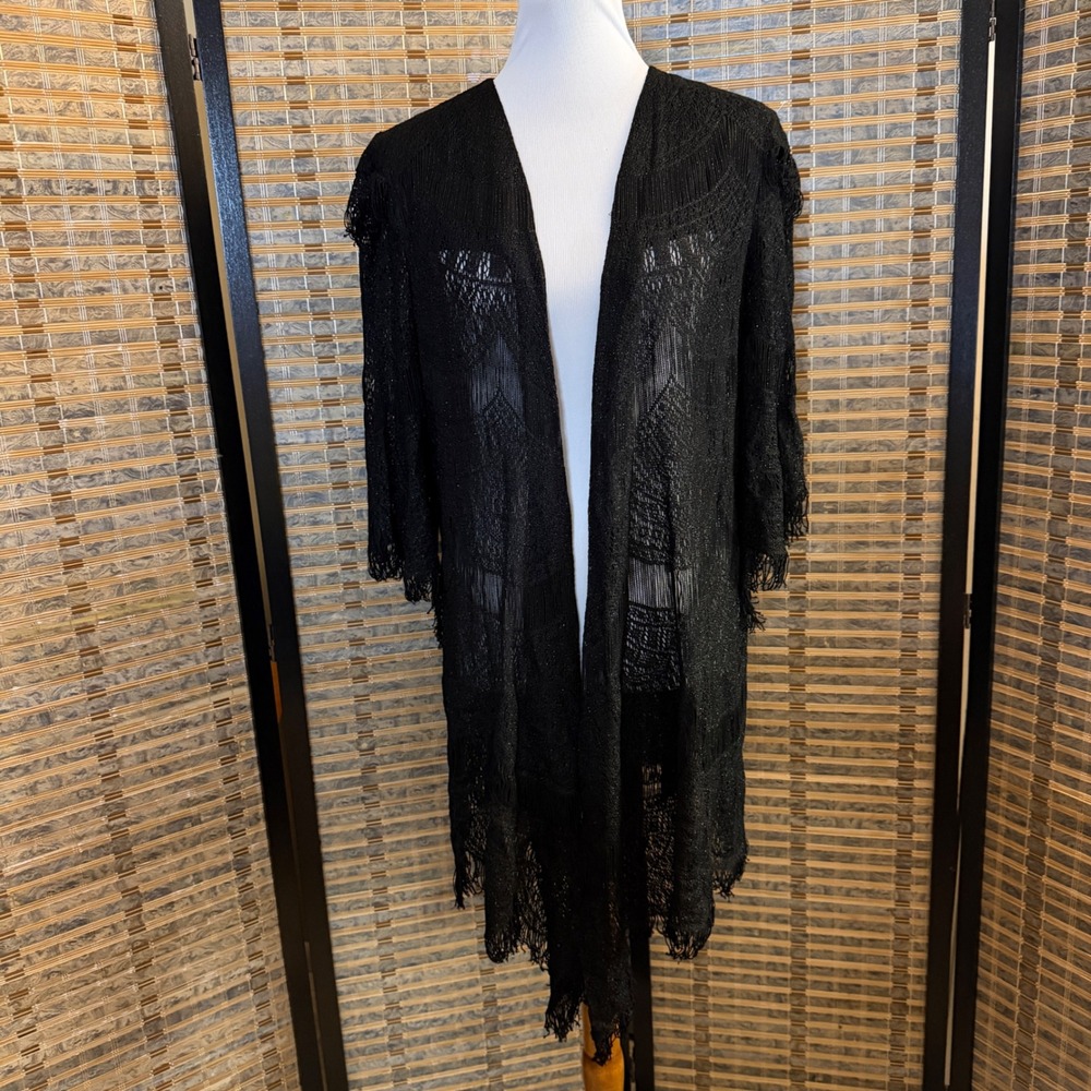 Damianou Duster Cardigan Womens Medium Black Fringe Metallic 90s Witchy Gothic